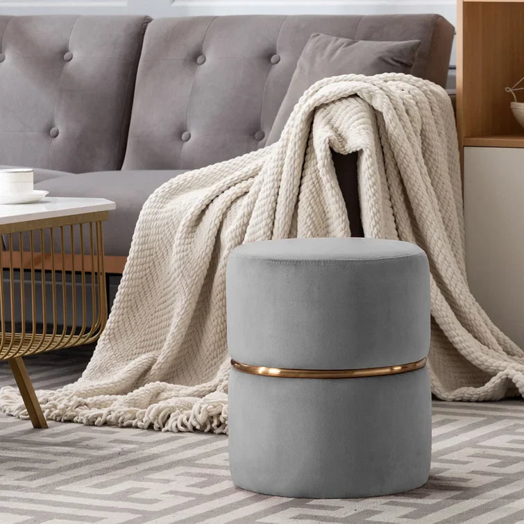 Celynn Wide Velvet Round Ottoman-Wooden Crest