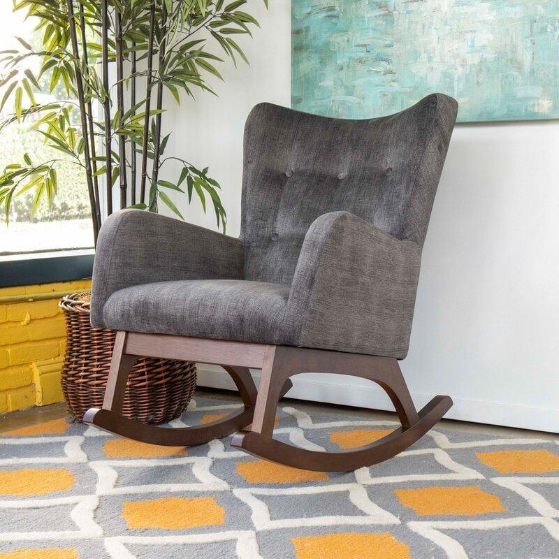 Croce Mid-Century Modern Rocking Chair – Button-Tufted Fabric, Walnut Rockers-Wooden Crest