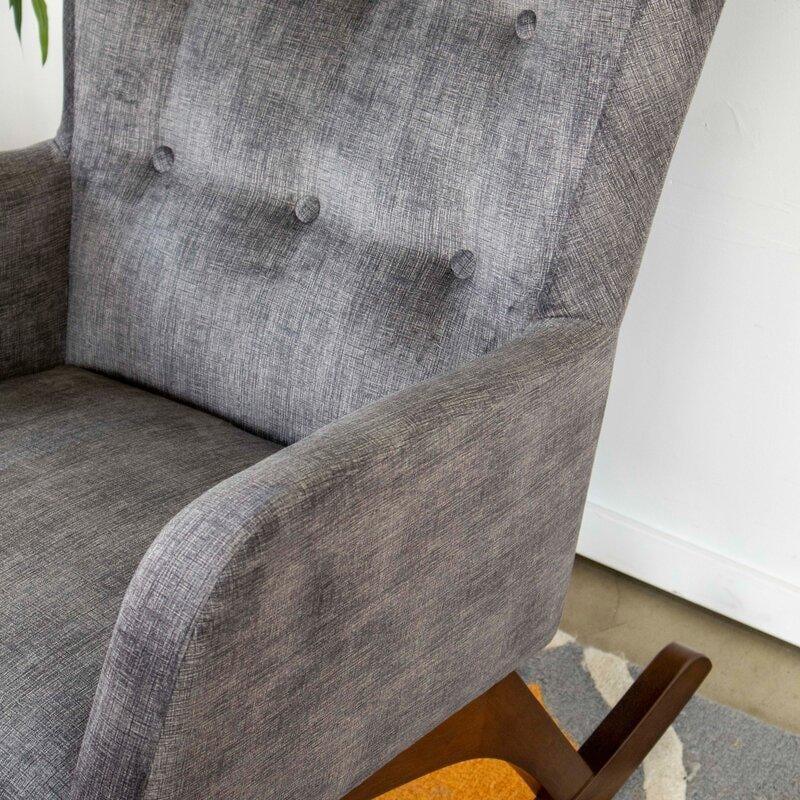 Croce Mid-Century Modern Rocking Chair – Button-Tufted Fabric, Walnut Rockers-Wooden Crest