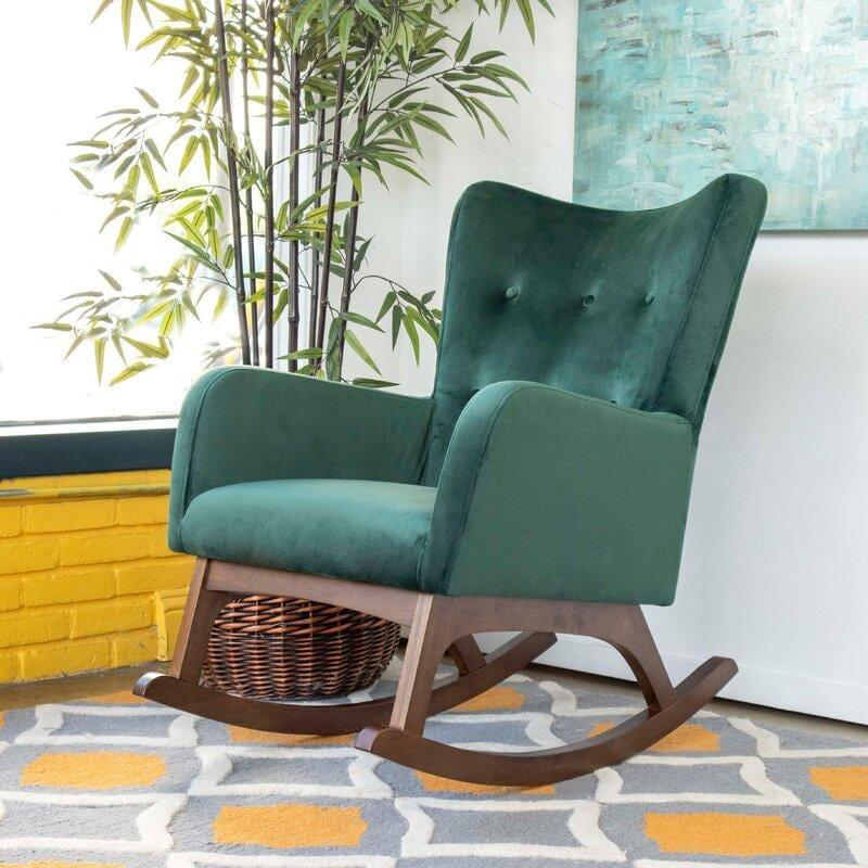 Croce Mid-Century Modern Rocking Chair – Button-Tufted Fabric, Walnut Rockers-Wooden Crest