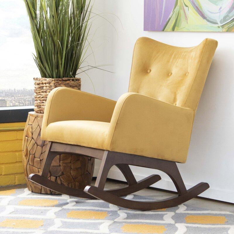 Croce Mid-Century Modern Rocking Chair – Button-Tufted Fabric, Walnut Rockers-Wooden Crest