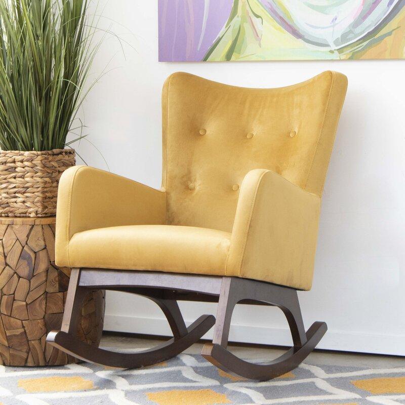 Croce Mid-Century Modern Rocking Chair – Button-Tufted Fabric, Walnut Rockers-Wooden Crest