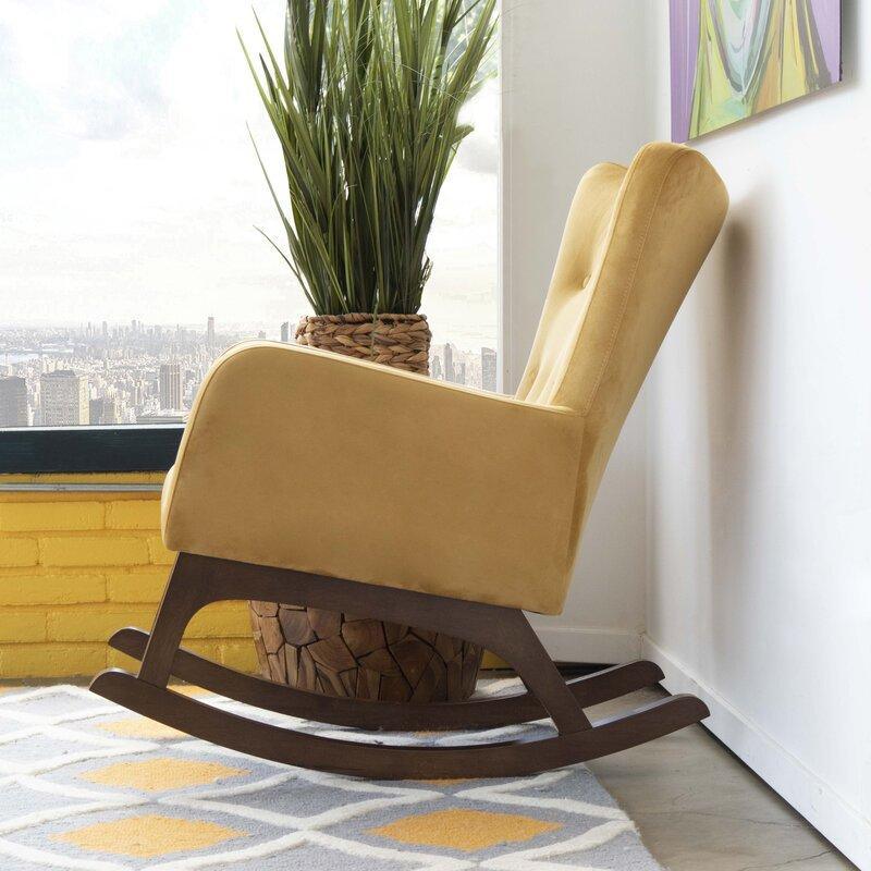 Croce Mid-Century Modern Rocking Chair – Button-Tufted Fabric, Walnut Rockers-Wooden Crest