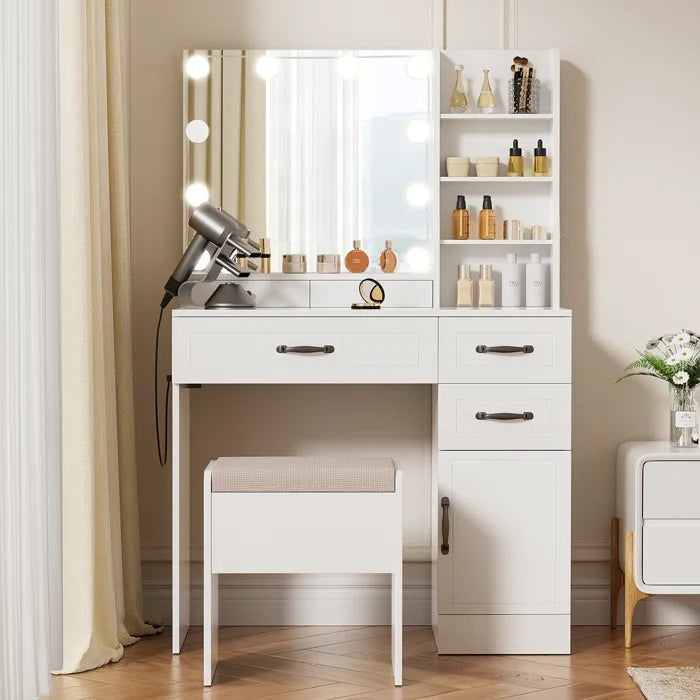 Elainy Vanity Dressing Table with Lighted Mirror & Storage Stool-Wooden Crest