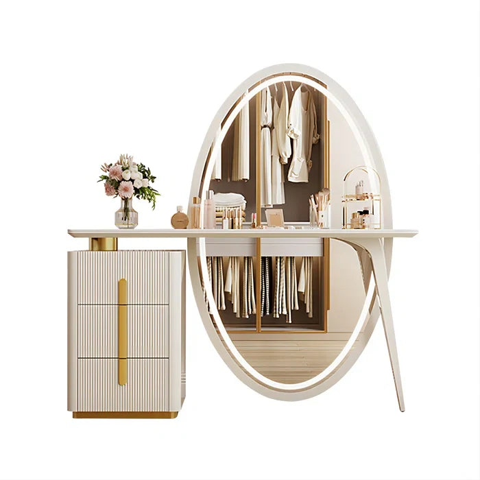 Febbas Full View Vanity Dressing Table with Lighted Mirror and Stool-Wooden Crest