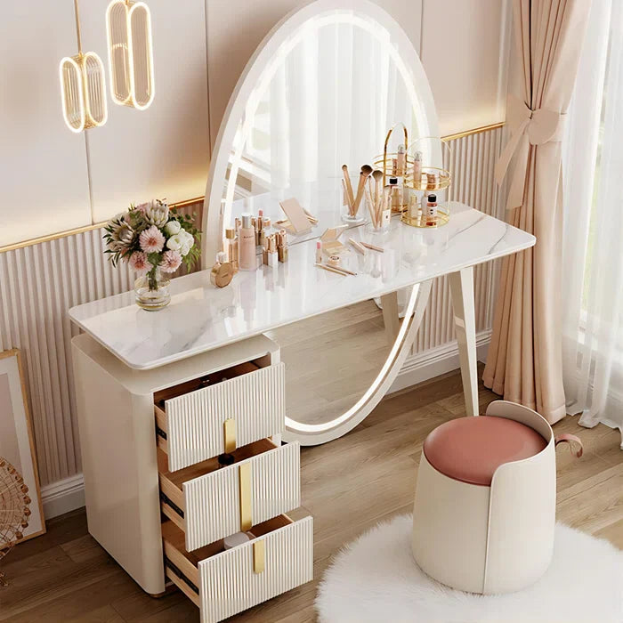 Febbas Full View Vanity Dressing Table with Lighted Mirror and Stool-Wooden Crest