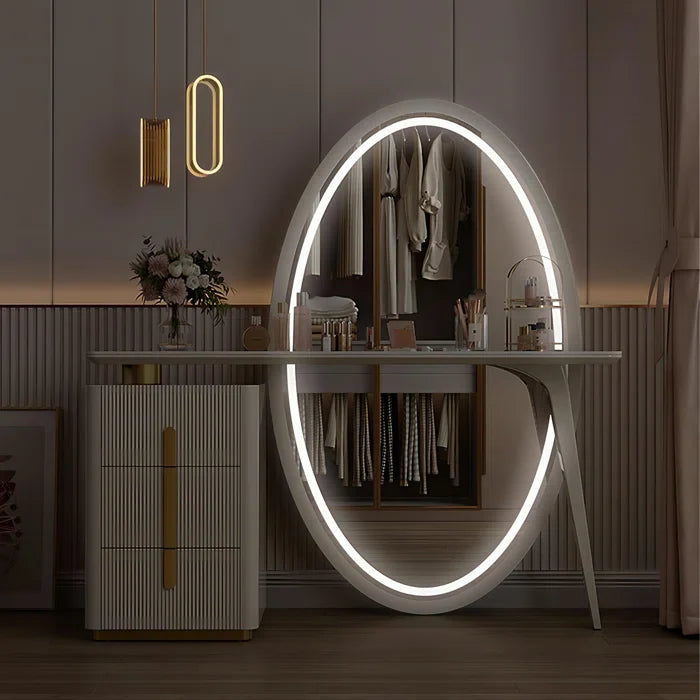 Febbas Full View Vanity Dressing Table with Lighted Mirror and Stool-Wooden Crest