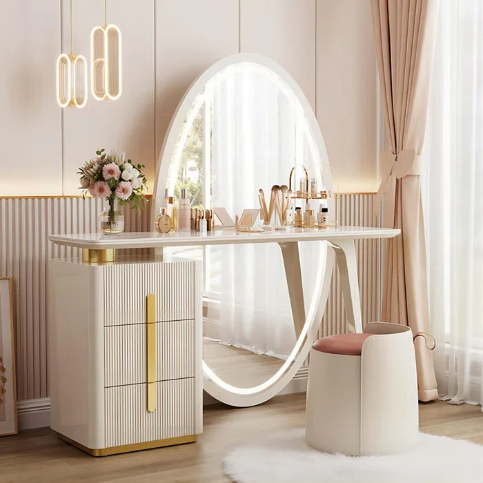 Febbas Full View Vanity Dressing Table with Lighted Mirror and Stool-Wooden Crest
