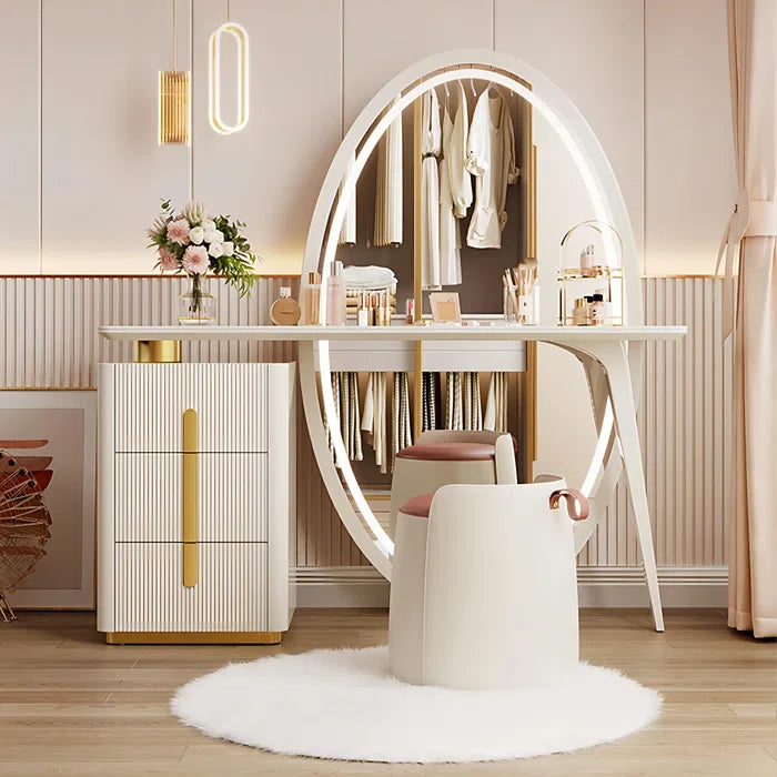 Febbas Full View Vanity Dressing Table with Lighted Mirror and Stool-Wooden Crest