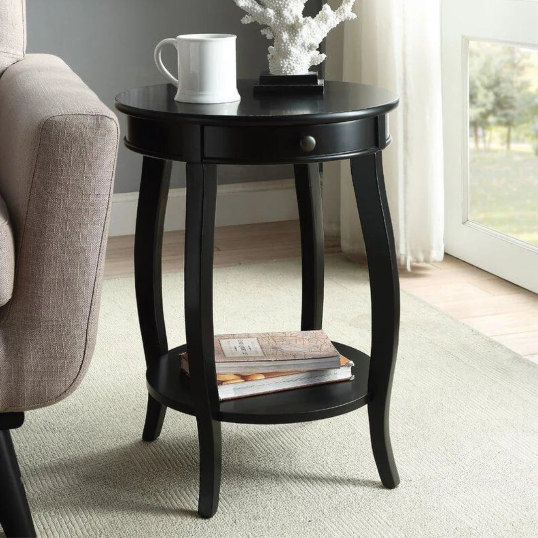 French Provincial Round End Table with Storage Drawer-Wooden Crest