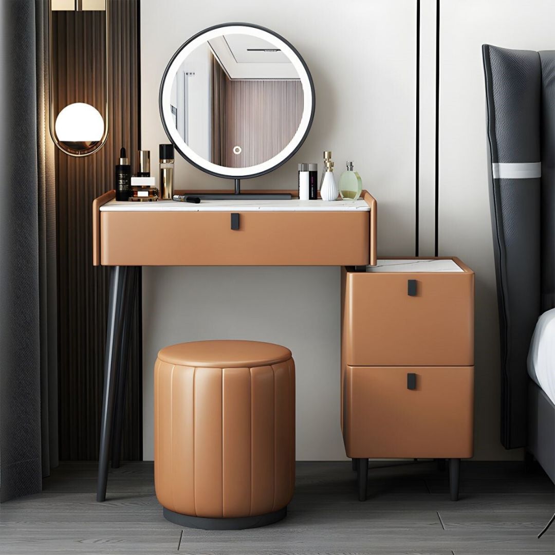 Contemporary Vanity Dressing Table Set Stone with Mirror-Wooden Crest