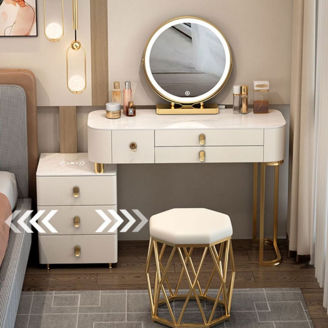 Lighted Mirror Vanity Dressing Table Set with Storage Drawers & Chair-Wooden Crest