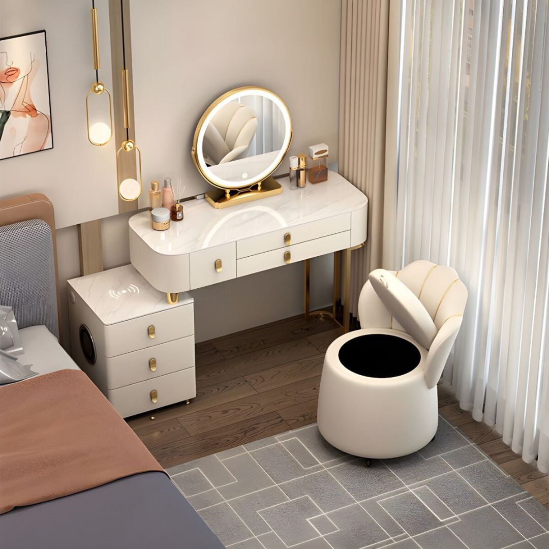 Lighted Mirror Vanity Dressing Table Set with Storage Drawers & Chair-Wooden Crest