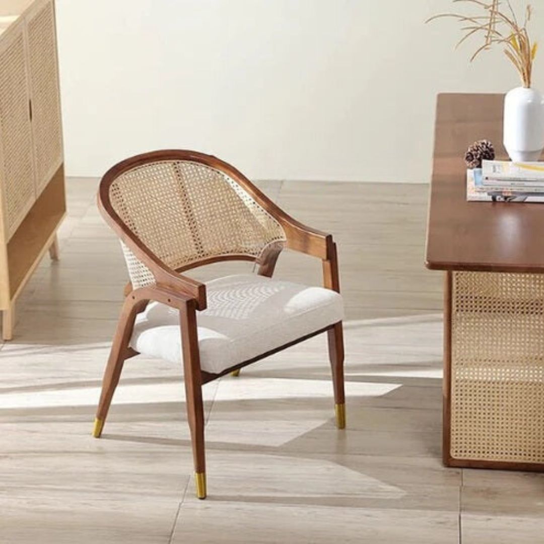 Teak Wood Arm Chair with Walnut Finish-Wooden Crest