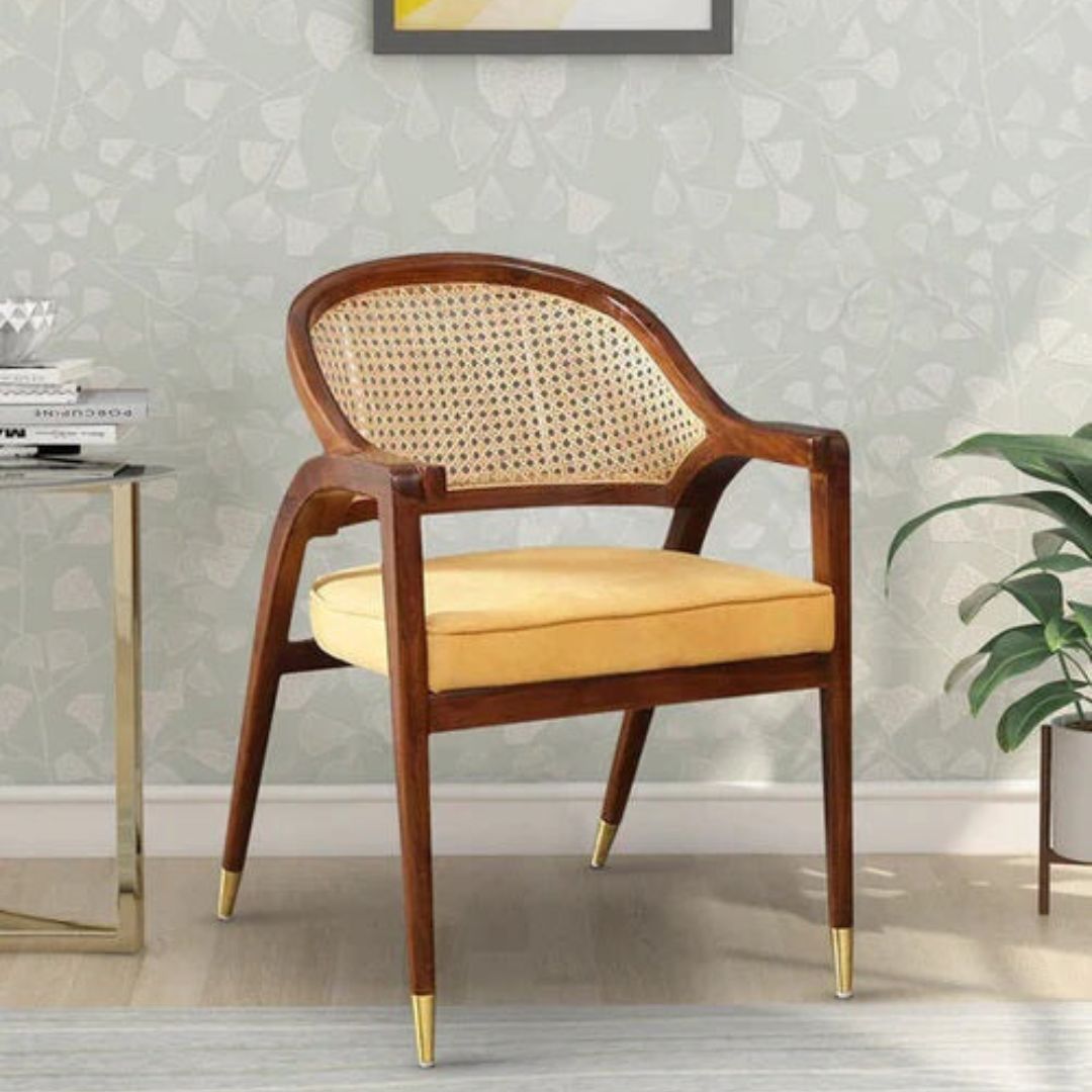 Teak Wood Arm Chair with Walnut Finish-Wooden Crest
