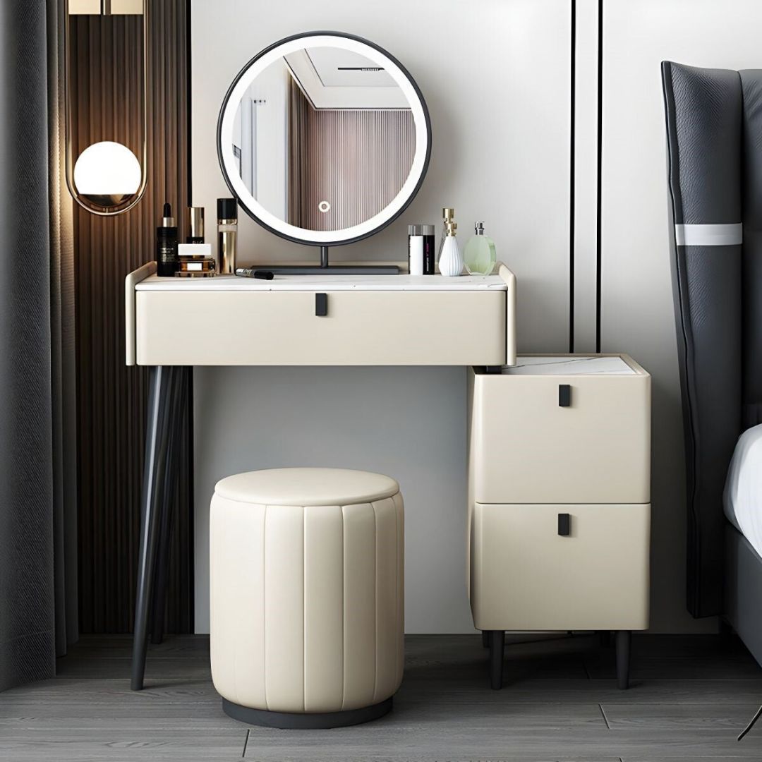 Contemporary Vanity Dressing Table Set Stone with Mirror-Wooden Crest