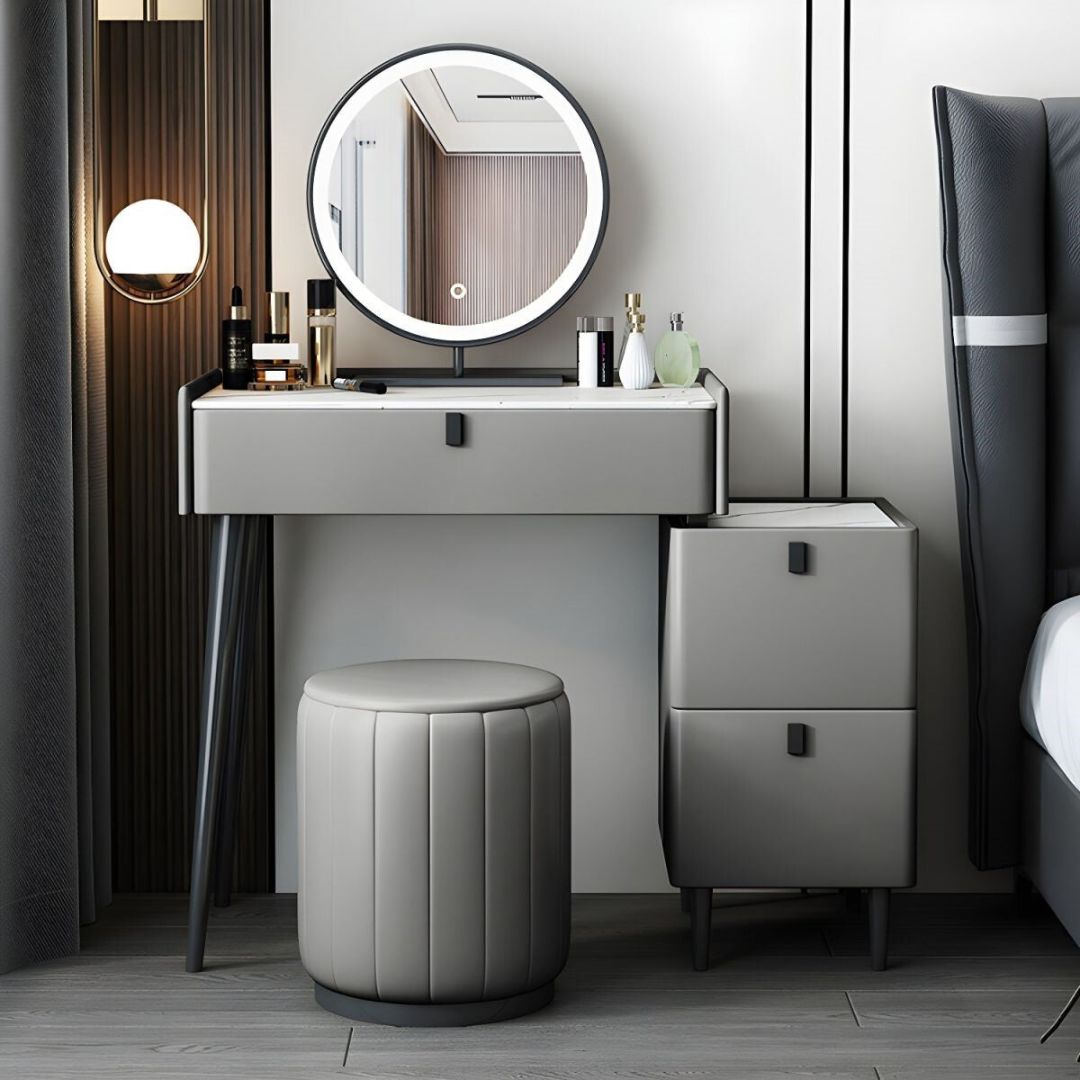 Contemporary Vanity Dressing Table Set Stone with Mirror-Wooden Crest