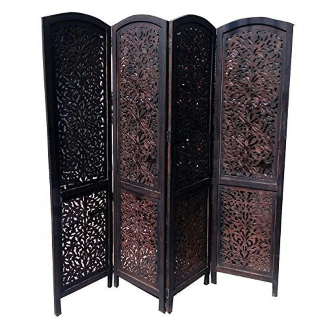 Kashmiri Four-Panel Room Divider with Traditional Jali Design-Wooden Crest