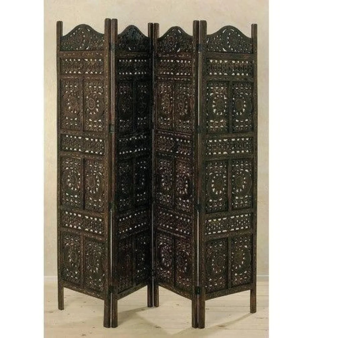 Enchanted Three-Panel Room Divider with Scrollwork Design-Wooden Crest
