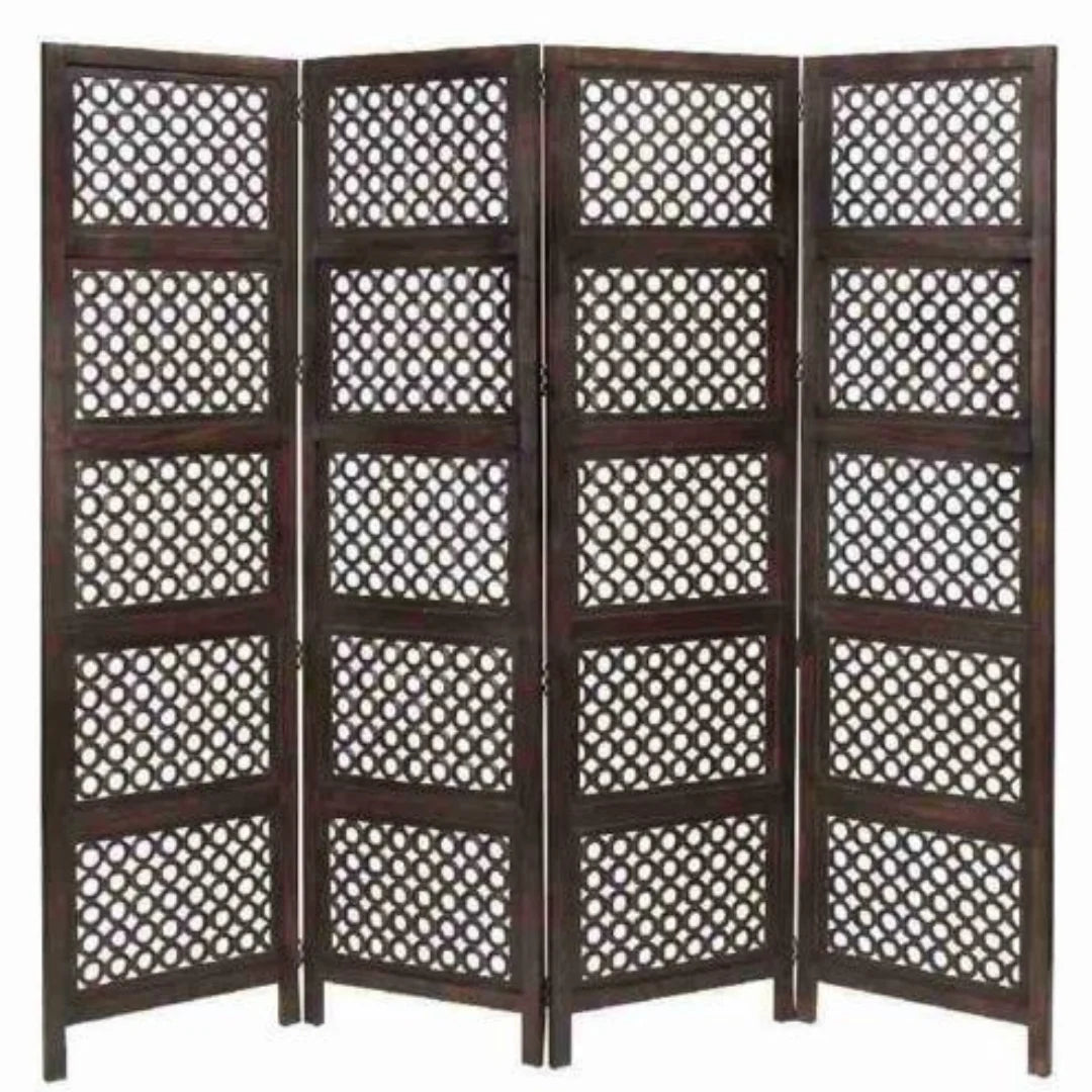 Regal Four-Panel Room Divider with Geometric Lattice Design-Wooden Crest