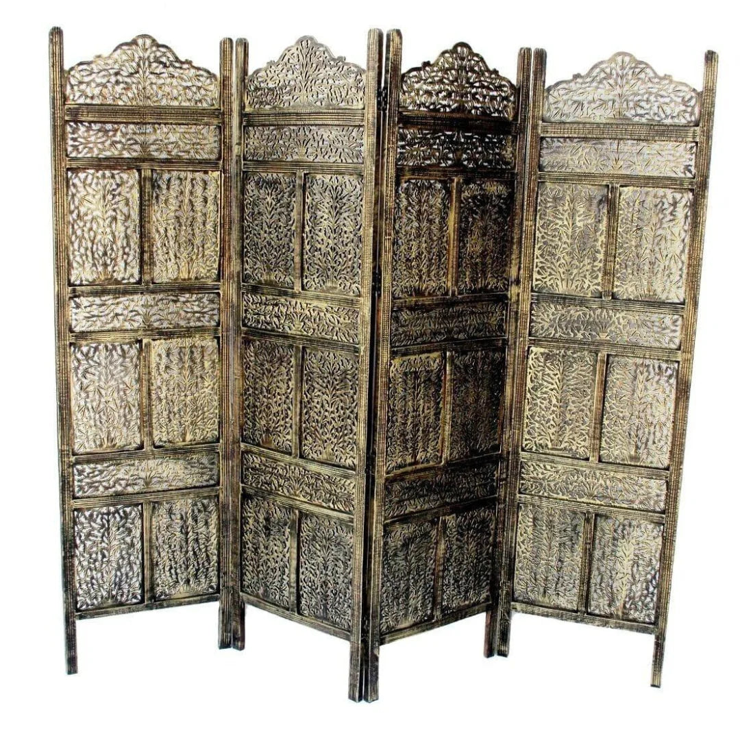 Palace Four-Panel Room Divider with Botanical Crown Design-Wooden Crest