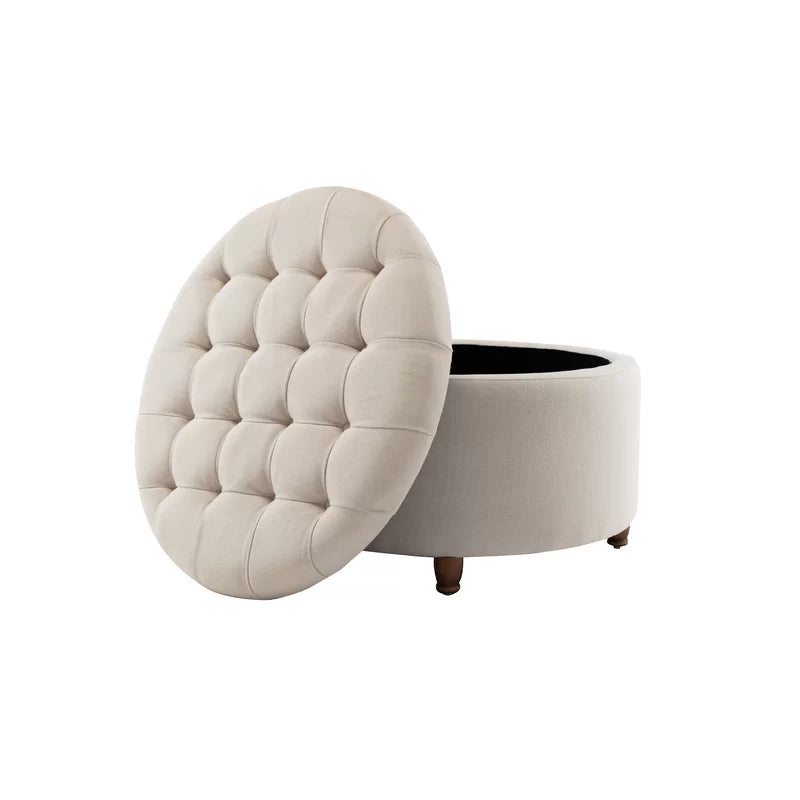 Round Tufted Storage Ottoman-Wooden Crest