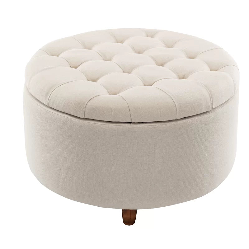 Round Tufted Storage Ottoman-Wooden Crest
