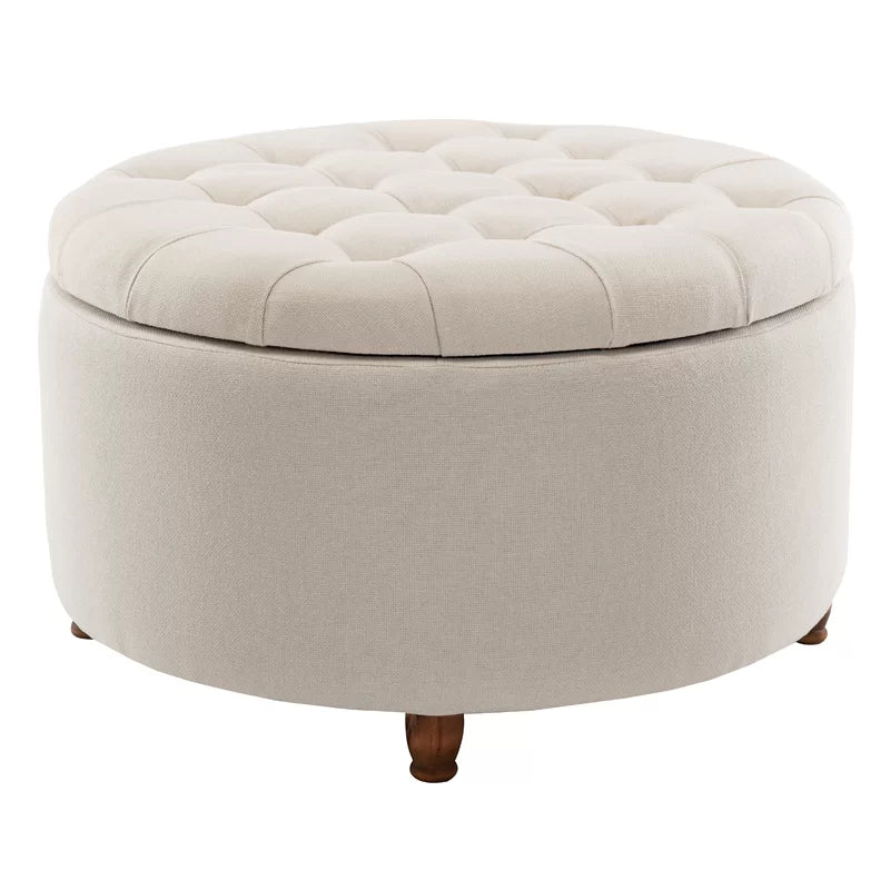 Round Tufted Storage Ottoman-Wooden Crest