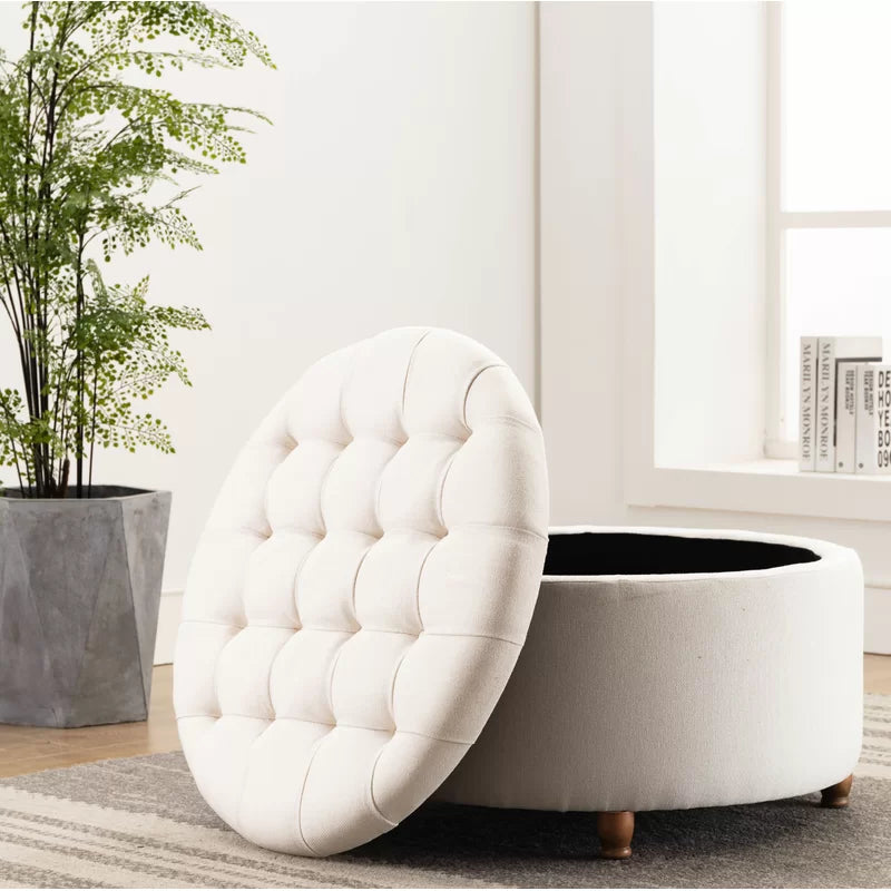 Round Tufted Storage Ottoman-Wooden Crest