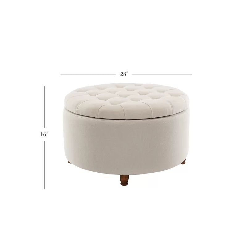 Round Tufted Storage Ottoman-Wooden Crest