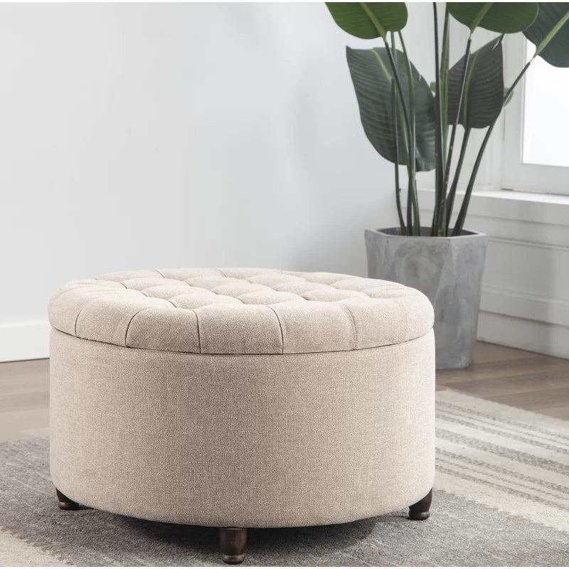 Round Tufted Storage Ottoman-Wooden Crest