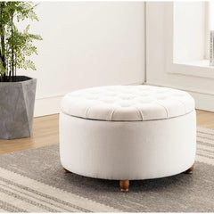 Round Tufted Storage Ottoman-Wooden Crest