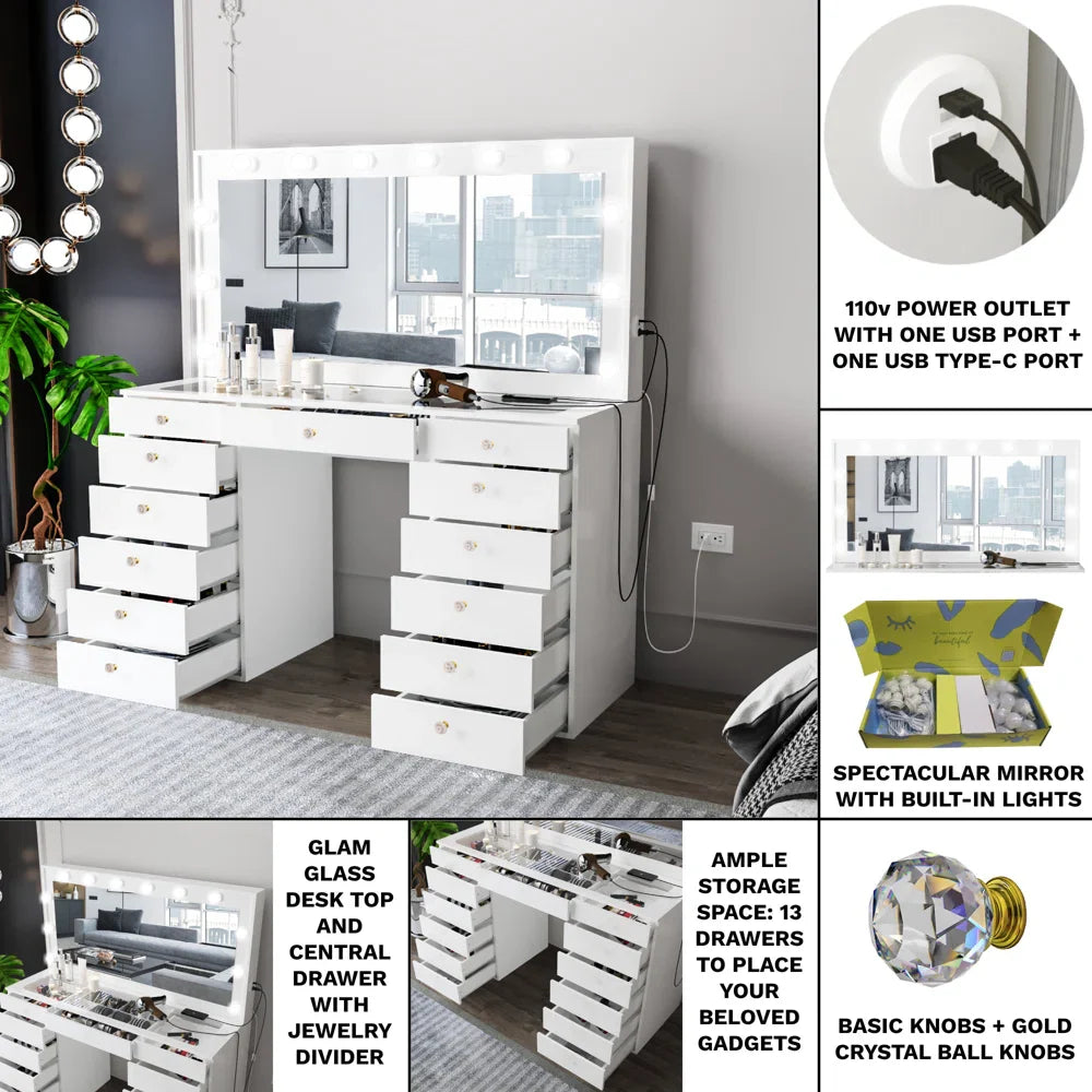 Looks Vanity Dressing Table with Mirror & Lights-Wooden Crest