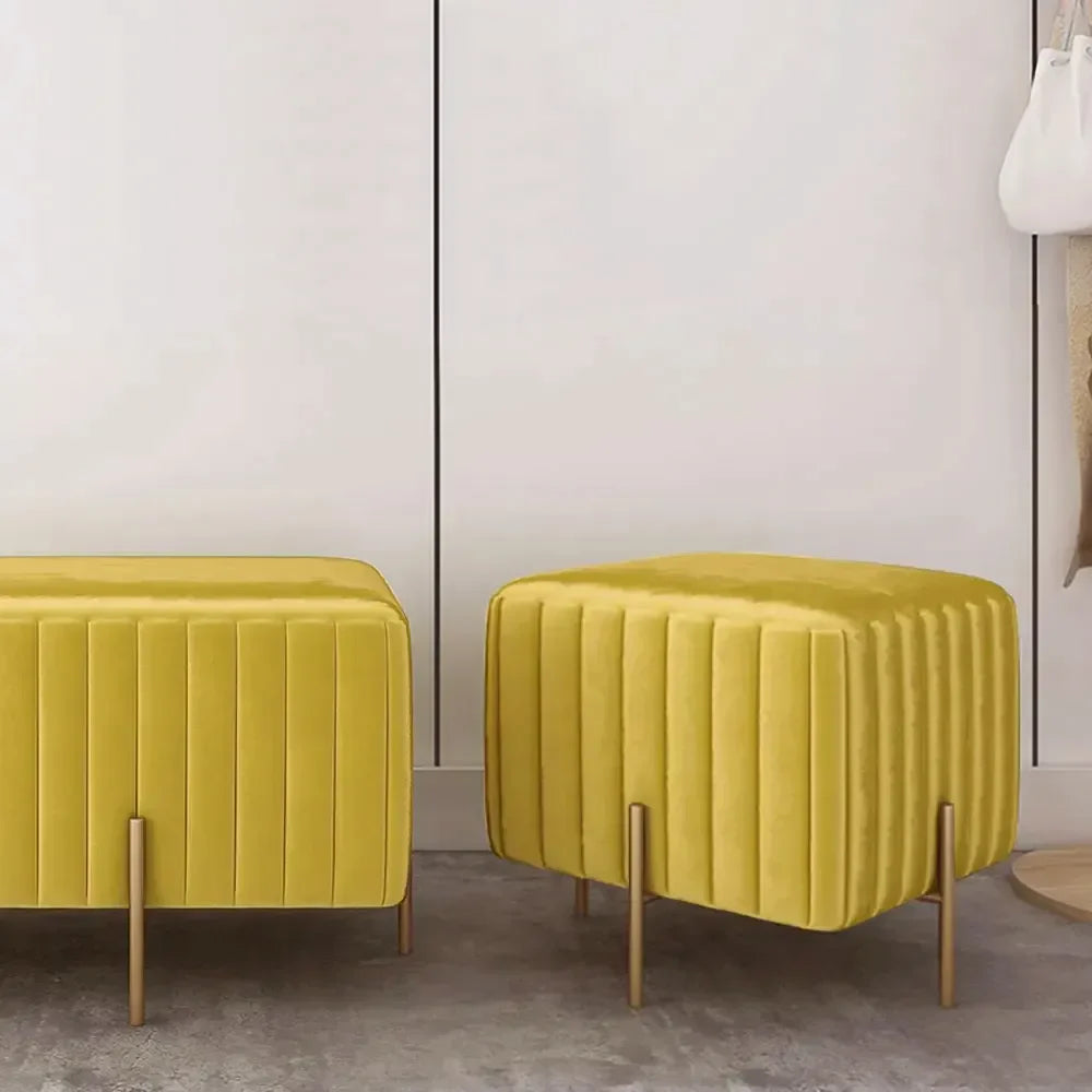 Contemporary Square Velvet Pouf Ottoman - Yellow-Wooden Crest
